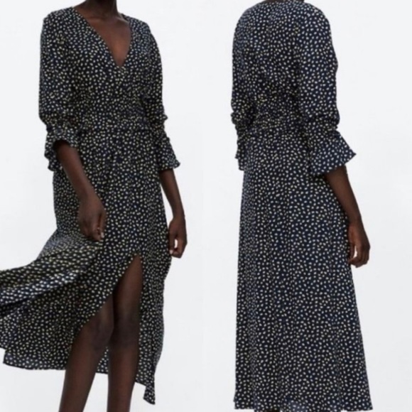 Zara Yellow Floral black dress size M - Picture 1 of 5